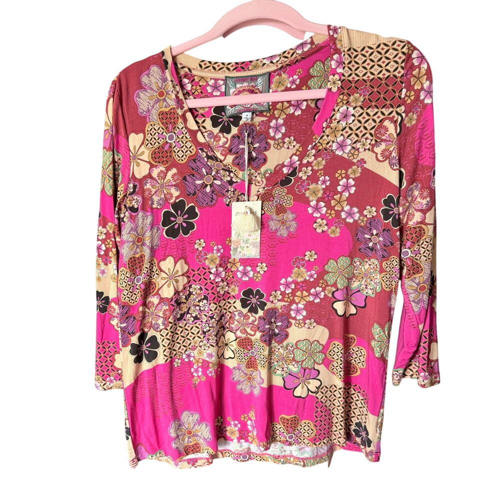 NWT Johnny Was Bamboo Viscose Fuchsia and Tan Floral Print Top Long Sleeve sz M
